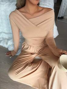 DAZY Minimalist Knit Draped Neck Fitted Top And Wide Leg Pants Women Loungewear Set - Camel - View 6