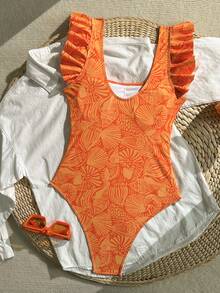 Swim Vcay Women's Orange Base Random Shell Print Ruffle Cuff Gathered Back U-Neck One-Piece Swimsuit - Orange - View 4