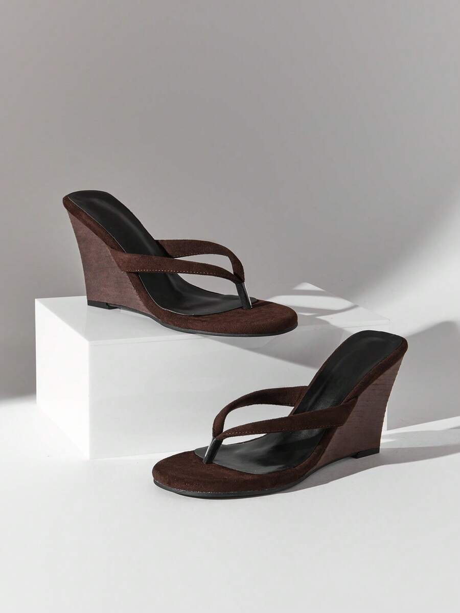 SHUZIA Sandal đế xuồng quai ngang tối giản bằng da lộn giả dành cho nữ - Màu nâu Sô-cô-la - Xem 1