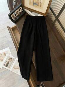 Franclia 时尚高腰休闲直筒裤，宽松腰部装饰纽扣垂褶阔腿裤，女士款 - 黑色 - 查看 2