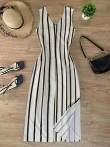 Airaco 女士条纹单排扣系腰中长连衣裙，时尚别致 - 黑與白 - 查看 2