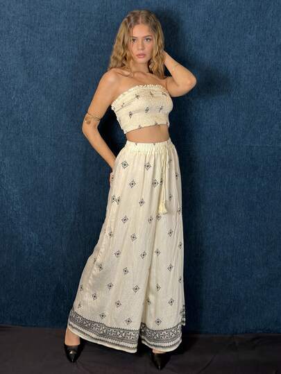 Aless PB 女式度假撞色印花优雅休闲弹力修身褶皱上衣阔腿裤套装抹胸和裤子套装女式夏装女式两件套度假装女士度假两件套波西米亚风女装