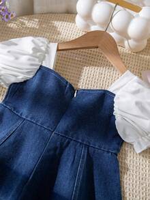 SHEIN Genkimix Kids 女童夏季韩版3D蝴蝶结牛仔连衣裙，适合女孩日常休闲穿着和上学穿着 - 藍色 - 查看 7