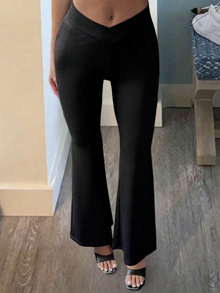 Women's Black Criss-Cross Waist Solid Color Flare Leg Pants, Suitable For Spring & Summer