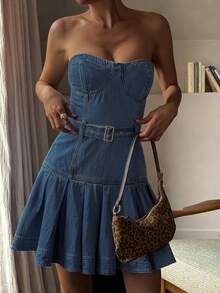 Livesso 女士无肩带褶皱腰身水洗牛仔度假连衣裙 - 藍色 - 查看 3