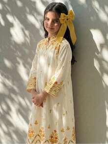 SHEIN Bata suelta con estampado línea A, manga 3/4 y bajo con abertura, azul & verde, para niña preadolescente - Dorado - Ver 4