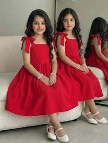 年轻女孩休闲度假优雅3D蝴蝶结吊带连衣裙 - 紅色 - 查看 4