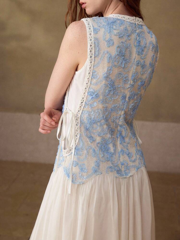 SPRING/SUMMER NEW ARRIVAL COLORBLOCK EMBROIDERED MESH SPLICE DIAMOND CHIFFON TRIM FITTED SLEEVELESS ROUND NECK WOMEN SHORT DRESS