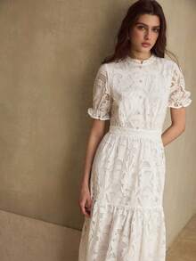 MOTF PREMIUM 2026 SUMMER WOMEN'S JACQUARD EMBROIDERED HOLLOW-OUT WAIST CINCHED DRESS - White - View 8