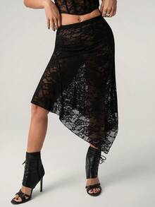 SHEIN ICON 女士弹力腰带花卉蕾丝不对称下摆时尚半身裙 - 黑色 - 查看 5