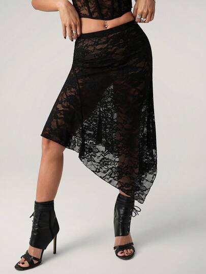 SHEIN ICON Women's Elastic Waist Floral Lace Asymmetric Hem Fashion Skirt