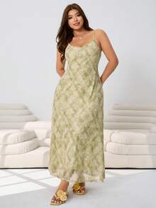 Solflare Plus Size Summer Sage Green Boho Picnic Holiday Dress,Mint Green Abstract Tie Dye Stretchy Knit Mesh Fitted Long Dress With Adjustable Straps,Casual - Multicolor - View 5
