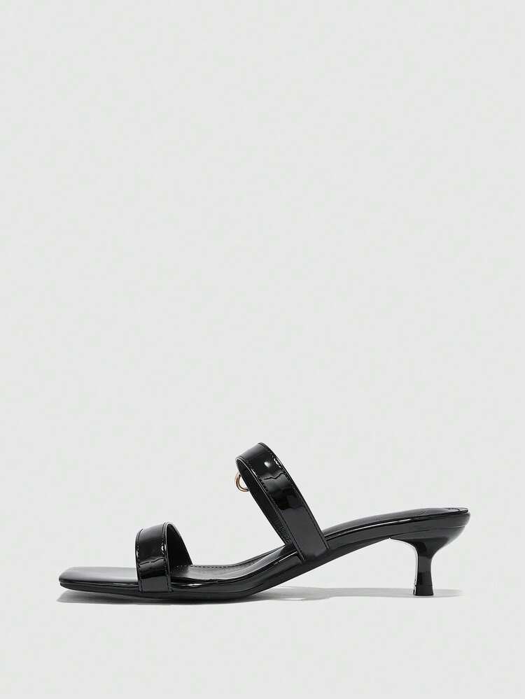 CUCCOO BIZCHIC Women Shoes Spring And Summer New Black Striped Toe Metal Buckle Women's Middle Heel Sandals Slippers Simple, Stylish And Comfortable Daily Versatile Commuter Women's Sandals Women's Shoes