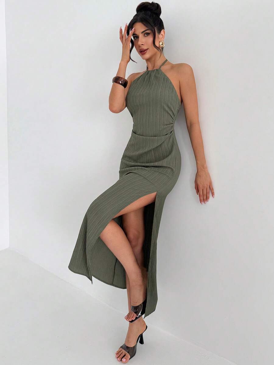 Firerie 女士优雅浪漫约会度假连衣裙，绿色露背吊带褶皱腰身直筒下摆连衣裙，沙滩度假连衣裙，沙滩罩衫 - 橄欖綠 - 查看 1