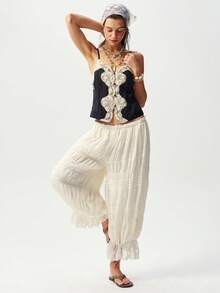 SHEIN BohoFeels 女士夏季海滩度假休闲外出波西米亚音乐节黑白撞色蕾丝拼接开襟吊带背心，夏季上衣，女士夏季休闲装，自由放松风格，时尚女士服装，海滩，夏季度假 - 黑色 - 查看 8