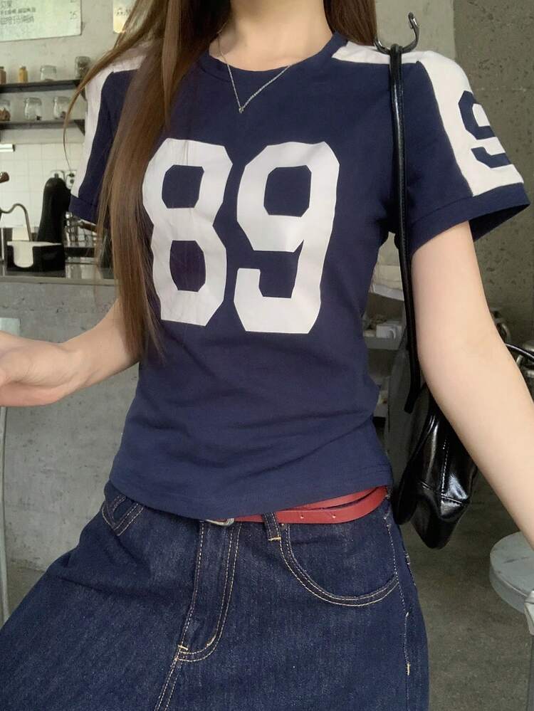 Women's Summer Round Neck Contrast Color Patchwork Letter Print Slim Fit Casual Pullover T-Shirt