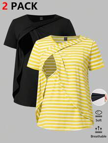 SHEIN Modmama Bộ 2 áo thun ngắn tay cho bà bầu mùa hè, kiểu dáng thường ngày, dành cho bà mẹ cho con bú. - Màu vàng - Xem 3