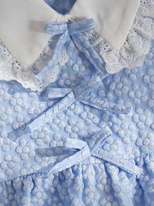 Girls' Elegant Floral Jacquard Petal Sleeve Dress With Bow Decor, Suitable For Daily, Casual, Holiday, Party - Baby Blue - View 3