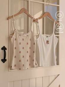 CovetEZ 两件套熊主题家居上衣套装，包含刺绣熊和印花熊图案，女士蕾丝拼接熊印花休闲吊带背心，漂亮上衣，两件装，夏季上衣，可爱上衣，夏季服装上衣 - 彩色 - 查看 6