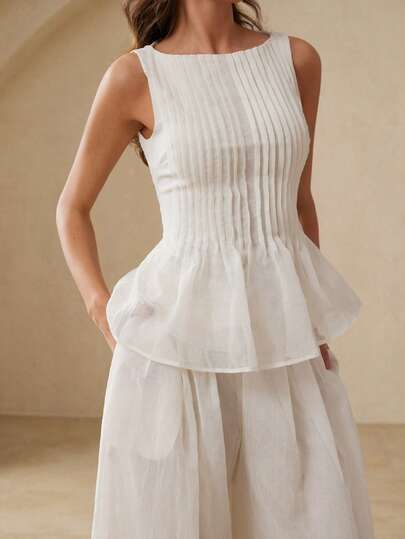 Aveloria Rosie Conjunto de 2 piezas con top de cuello redondo con volante y pantalones anchos de pierna ancha plisados, estilo casual, versátil, para ir y venir, vacaciones y relajación, con textura vintage y rayas precisas