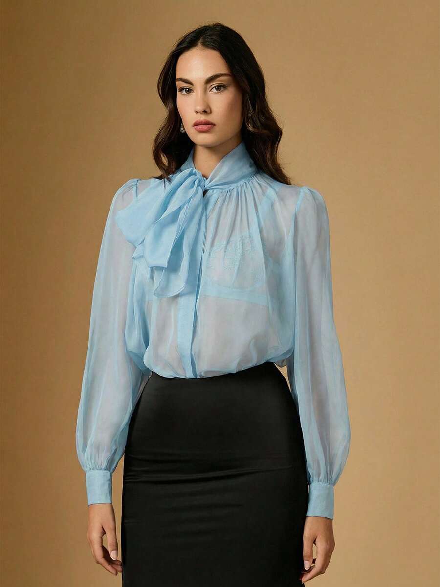 Briarwyn Atasan Lengan Panjang Wanita Warna Polos dengan Kerah Bertali, Kasual, Serbaguna untuk Pemakaian Sehari-hari - Baby Blue - View 1
