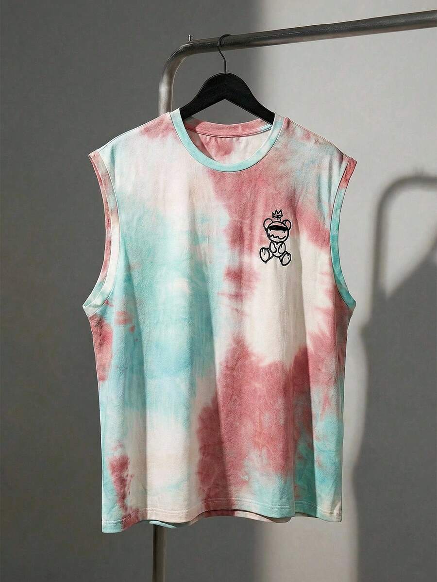 EASEVO 加大码男士卡通熊印花扎染圆领休闲百搭背心 - 彩色 - 查看 1