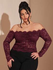 SHEIN BAE 大码女式玫瑰木色短款蕾丝长袖露肩性感透视镂空露肩长袖上衣，酒红色，秋冬叠穿，圣诞节，情人节，女士情人节礼物 - 紅木色 - 查看 3