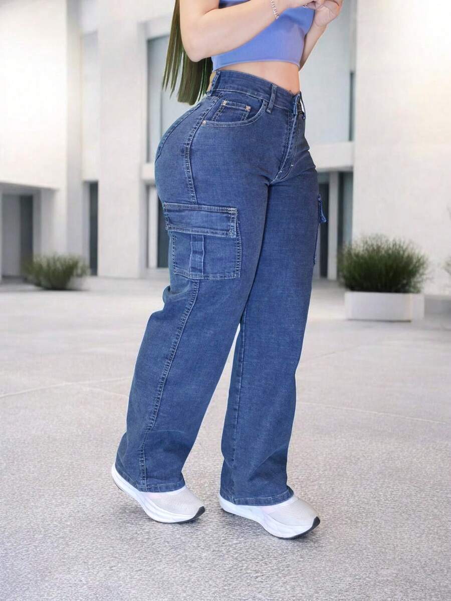 Jeans With High Waist Side Pockets Straight Cut