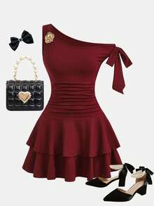 SHEIN Girlism Tween Girls Dresses Red Solid Color Metal Flower Decor Ruched Shoulder Ruched Hem Fashionable Dress - Hot Pink - View 3