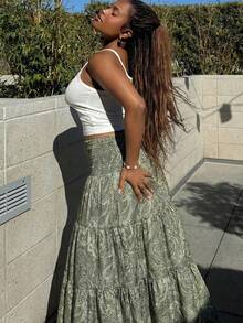 Tyla Gomez 女式波西米亚印花抽绳腰裙，适合日常和节日穿着，春夏季休闲装 - 綠色 - 查看 1