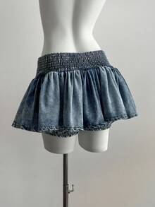 Elamini 女士打结腰部荷叶边下摆时尚牛仔短裙 - 藍色 - 查看 2