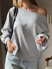 Livesso Women's Wing Print Oblique Shoulder Long Sleeve Casual Loose Sweatshirt - Grey - View 3