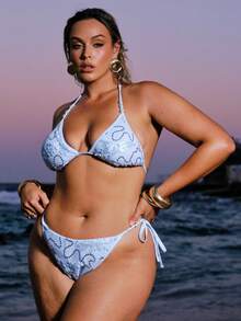 SHEIN BAE Plus Size Turquoise Sexy Lace Floral Bikini Two Pieces Swimwear Summer Beach Vacation Bathing Suit - Blue - View 5