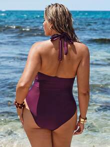 SHEIN BAE Plus Size Backless Halter One-Piece Swimsuit Summer Beach Vacation - Multicolor - View 2