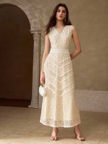 MOTF PREMIUM SUMMER CONTRAST LACE V-NECK DRESS, ELEGANT HIGH-END CINCHED WAIST LUXURY FASHION LACE DRESS FOR WOMEN - Apricot - View 2