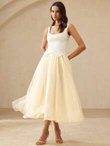 BELROSIE Vestido elegante y grácil de estilo retro francés para mujer, con parches de satén lujoso y malla, cuello alto, diseño con abertura en la cintura, sin mangas, adecuado para citas, fiestas y bodas - Albaricoque - Ver 3