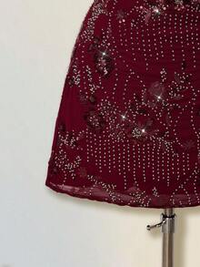SHEIN ICON Summer Vacation Beaded Backless Draped Neck Mini Dress, Wine Red, For Outing, Party, Gathering - Burgundy - View 6