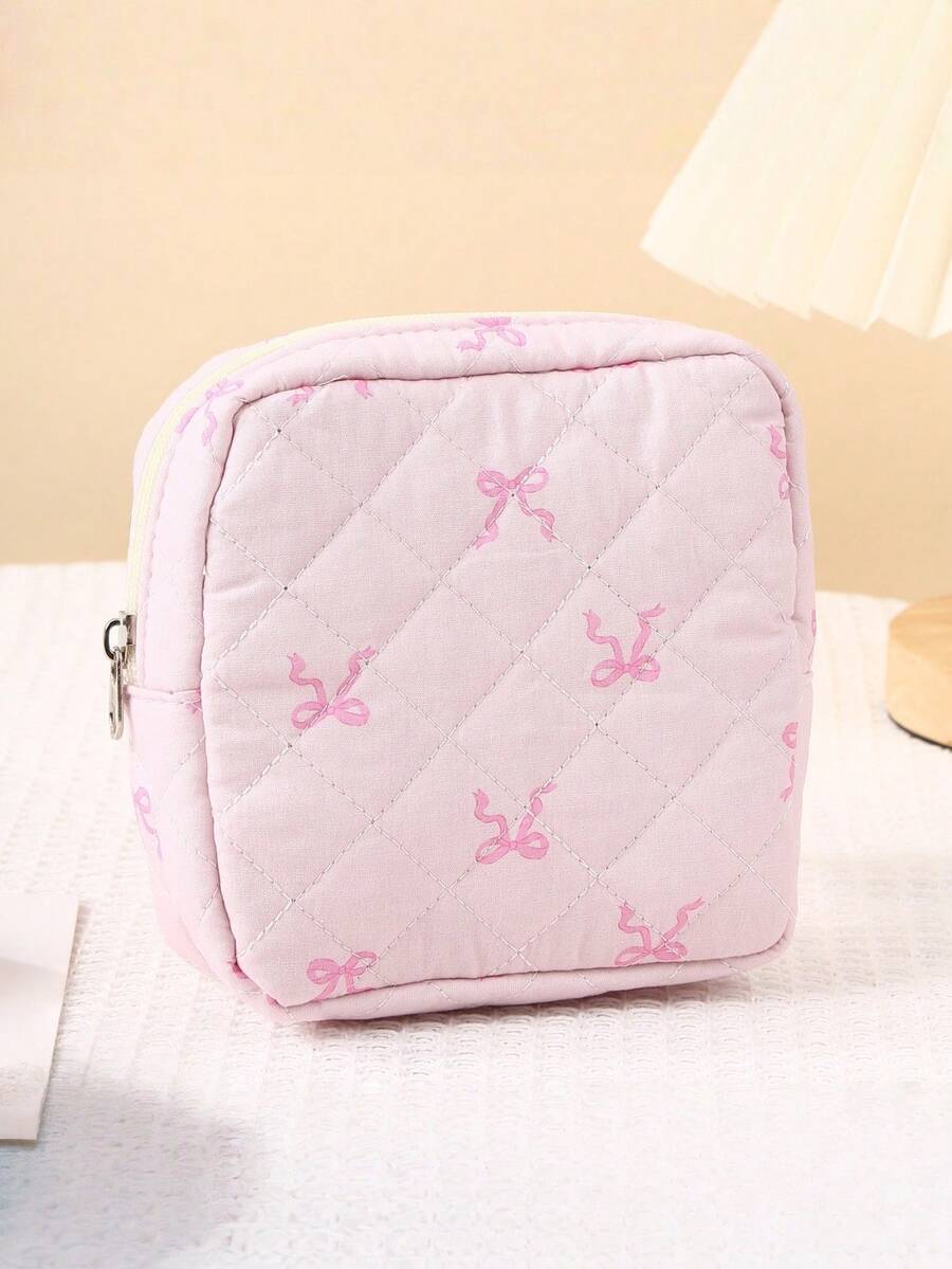 1pc Pink Bow Pattern Women's Sanitary Napkin Pouch, Makeup Bag, Bohemian Style - Multicolor - View 1