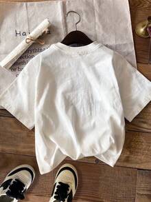 SHEIN Áo thun cổ tròn tay ngắn in hình gấu hoạt hình tối giản cho bé trai, phù hợp cho mùa hè - trắng - Xem 2