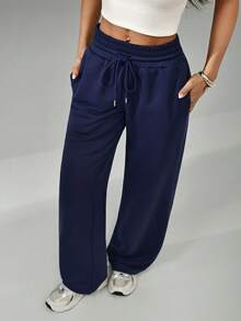 SHEIN PETITE Navy Blue Straight Loose Casual Sweatpants - Navy Blue - View 1