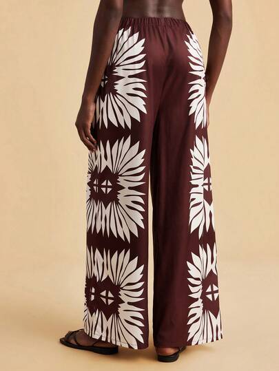 Travachic Women's Vacation Casual Contrast Color Print Cover-Up & Pants Set