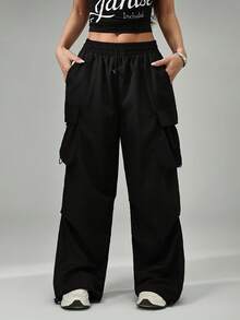 SHEIN PETITE Black Flap Pocket Side Drawstring Waist Parachute Cargo Pants - Black - View 3