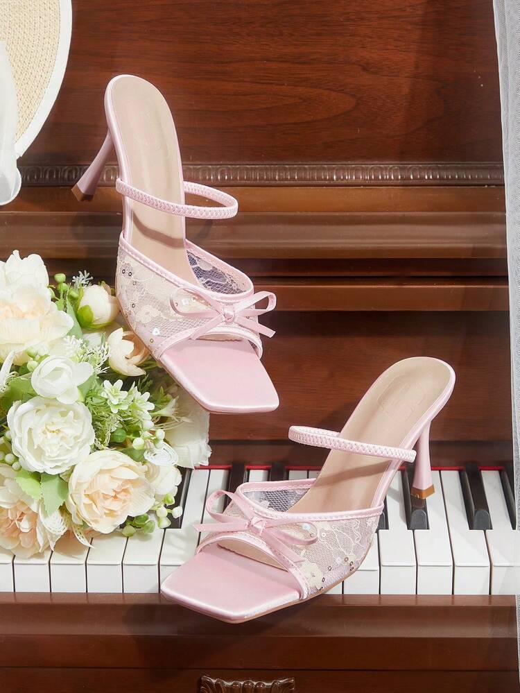 CUCCOO HITCHD Spring And Summer New Product Bow Mesh Lace Square Toe Stiletto Elegant Romantic Sexy Pink Lace Women's High Heel Sandals