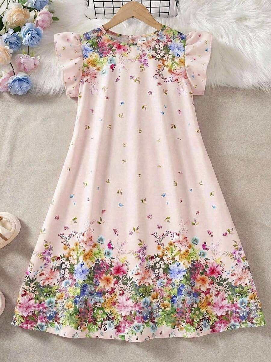 SHEIN 少女仿领短袖印花连衣裙 - 淺粉色 - 查看 1