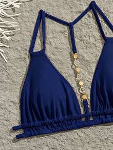 Swim Vcay Women's Summer Beach Solid Color Ruched Halter Tie Sexy Bikini Top - Navy Blue - View 3