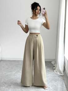 Elenzga 优雅新款都市时尚女式高腰A字超阔腿杏色纹理裤，适合日常穿着、婚礼、晚宴、通勤、毕业派对、节日、约会、聚会、万圣节、圣诞节、新年、感恩节、婚礼套装等场合。 - 杏色 - 查看 3