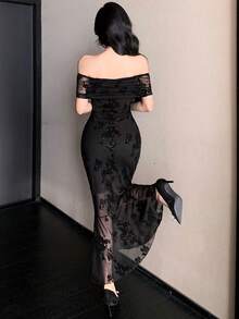 DAZY Women's Floral Mesh Ruffle Off-Shoulder Fitted Mermaid Hem Elegant Dress Sundress Cocktail Dress - Black - View 7