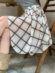 DAZY 女士格子不对称下摆短款休闲裙 - 淺灰色 - 查看 5