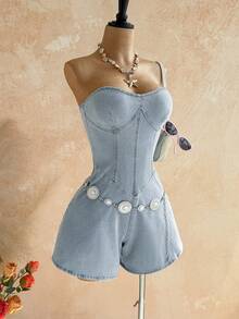 Soleia Bộ áo liền quần denim thời trang thường ngày dành cho nữ - Màu xanh lam - Xem 1