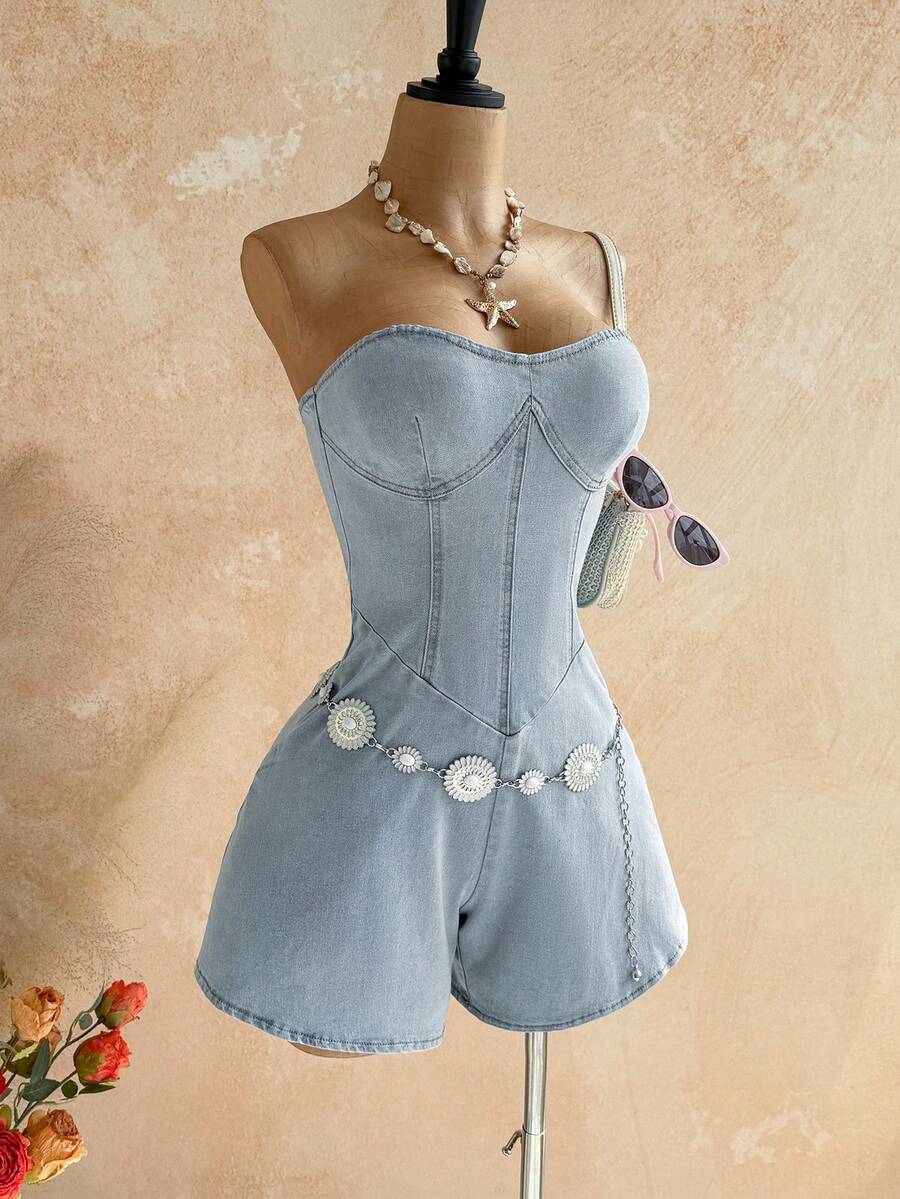 Soleia Bộ áo liền quần denim thời trang thường ngày dành cho nữ - Màu xanh lam - Xem 1